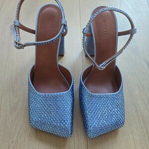 Amina Muaddi Blue Sparkle Sequin Charlotte Pumps 38.5 NIB